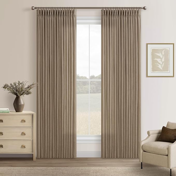 Light Brown 80 Inch Pleated Linen Curtains for Dining Living Room Flax Linen 80 Inches Length Memory Trained Light Filtering Window Drape with Hooks Rings Latte Back Tab Bedroom Curtain 2 Panels 50x80