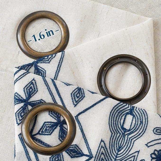 NICETOWN Heavy Duty Cream Linen Curtains 96 inch Long, Navy Blue Geometric & Floral Patterned Embroidered Drapes for Living Room, Decorative Panels for Nursery Bronze Grommet, W52 x L96, Set of 2