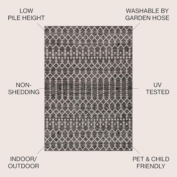 JONATHAN Y Moroccan Geometric Indoor Outdoor Square Area Rug 4X4 Black/Gray, Ourika Textured Weave for Backyard, Patio, Porch, Easy-Cleaning, High Traffic, Pet-Friendly, Non-Shedding (SMB108F-4SQ)