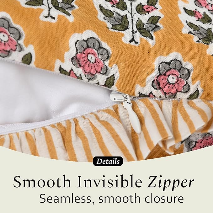 CPC Yellow Citrine Ruffle Throw Pillow Covers for Couch, 24x24 Inch Cotton Stripe Ruffle Couch Pillows for Living Room, Hidden 20 Inch Zipper Boho Pillow Case or Cute Outdoor Ruffle Pillows