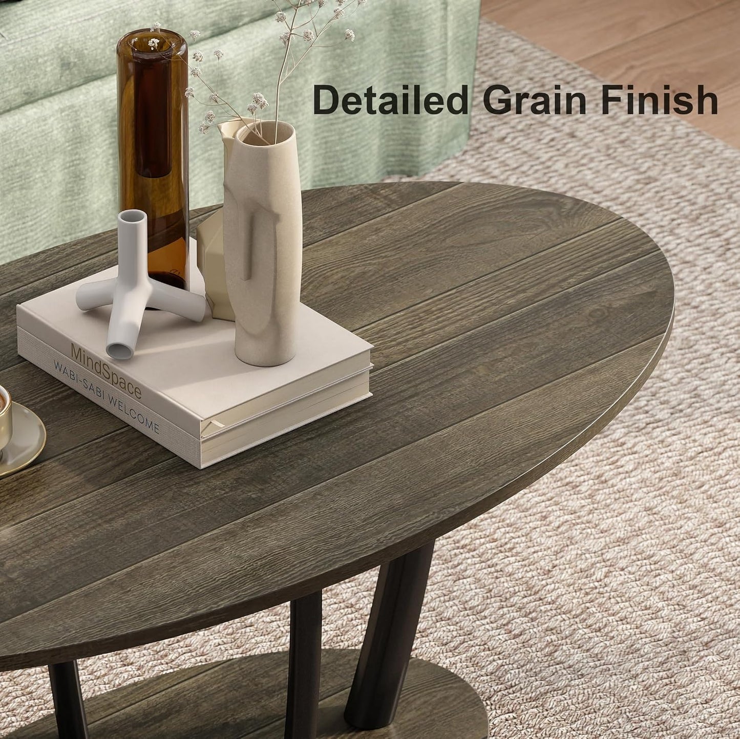 Manora Small Oval Coffee Table with Storage, Rustic Farmhouse Industrial Center Table for Living Room, VintageTea Table for Small Spaces, Gray