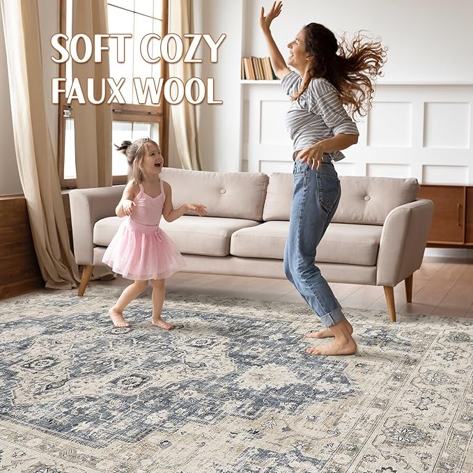 8x10 Area Rugs Living Room: Washable Boho Large Neutral Vintage Soft Rug Stain Resistant Distressed Farmhouse Non-Slip Indoor Floor Carpet for Bedroom Nursery Kids Office Dining Room- Brown Blue