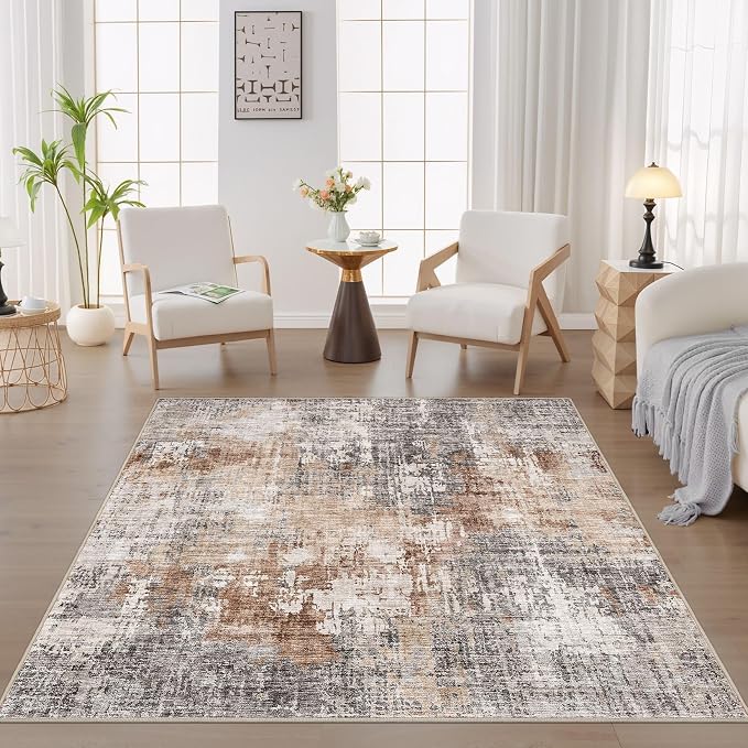 DMOYEST Square Area Rug Living Room Rugs - 6x6 Washable Large Soft Indoor Neutral Modern Abstract Low Pile Rug Carpet for Bedroom Dining Room Farmhouse Home Office - Grey Brown