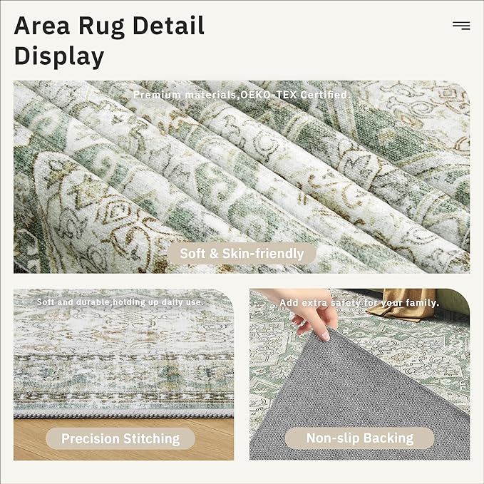 Soalmost 6x9 Area Rug for Living Room Washable 6x9 Rug Non-Slip Modern Rugs for Bedroom Dinning Room Ultra-Thin Indoor Green/Brown Rug