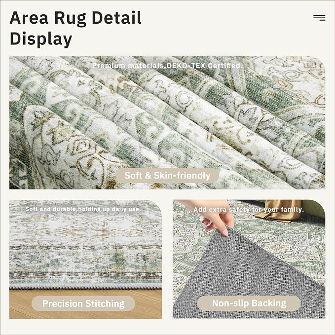 Soalmost 10x14 Area Rugs for Living Room, Non Slip Machine Washable Vintage Rugs, Low Pile Lightweight Large Rug for Bedroom, Dining Room, Home Office Green/Brown