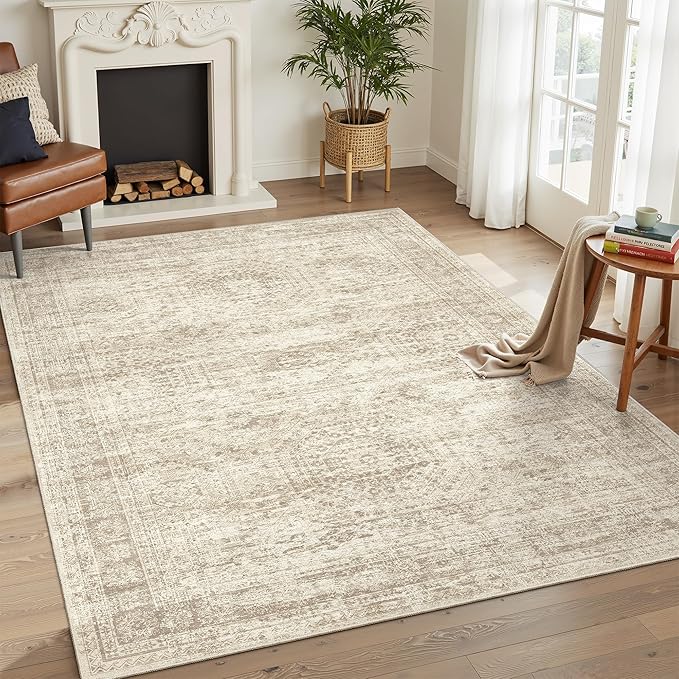 Soalmost 4x6 Area Rugs for Living Room, Vintage Washable Rugs for Dining Room, Bedroom, Home Office Decor, Non-Slip Beige Carpet Thin Rug
