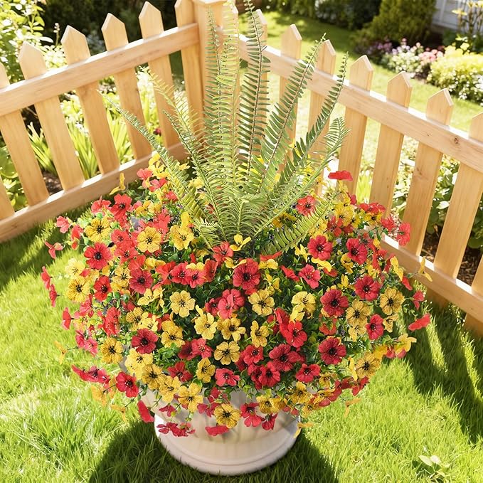 INQCMY Artificial Flowers for Outdoor 12 Pcs Faux Silk Daisy and 1 Pcs Fake Long Leaved Grass UV Resistant Tall Ferns for Home Doorway Courtyard Garden Backyard Decorative