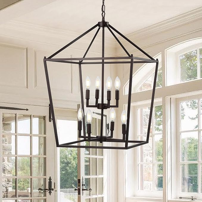 JONATHAN Y 20" Oil Rubbed Bronze Lantern Pendant Light, 8-Light Pagoda Style Metal Cage Farmhouse Hanging Ceiling Fixture for Kitchen Island, LED Bulb Included (JYL7438A)