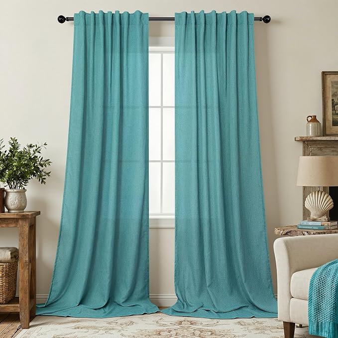 Mid Century Modern Teal Curtains 96 Inches Long 2 Panels for Living Room Bedroom Linen Sheer Semi Privacy Lightweight Light Filtering Drapes for Dining Room Office Farmhouse Coastal Decor 52x96 Length