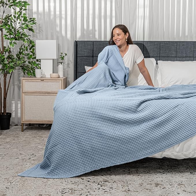 Comfy Cubs Waffle Blanket Twin, 90" x 66" - 100% Cotton Lightweight Breathable Bed Blanket - Soft Textured Thermal Weave for All Seasons – Decorative Cozy Layer for Couch, Sofa, or Bed - Pacific Blue