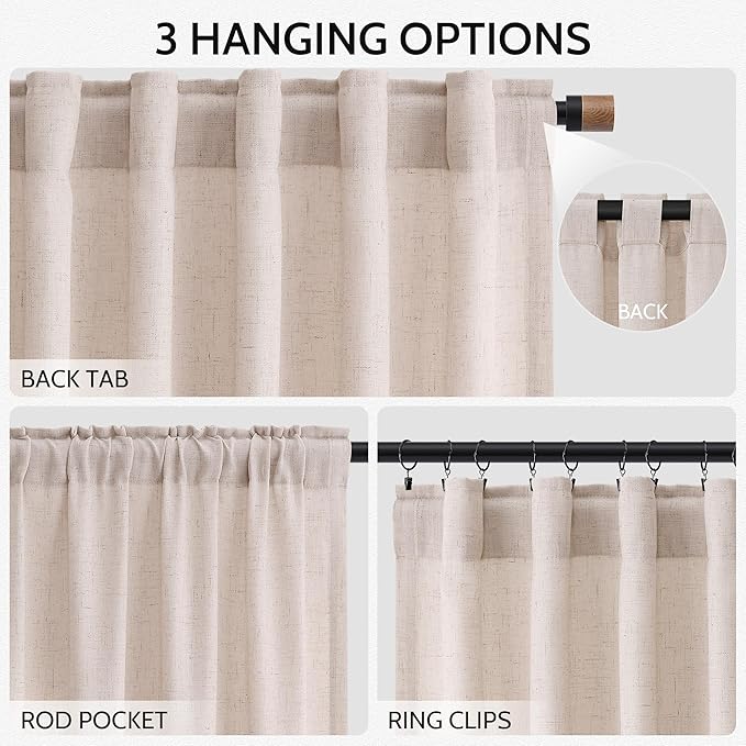 Nanspring Natural White Linen Curtains 63 Inch Length for Living Room Blend Semi Sheer Farmhouse Decor Curtains Back Tab Privacy Boho Light Filtering Semi Sheer Curtain for Bedroom 52x63, 2 Panels
