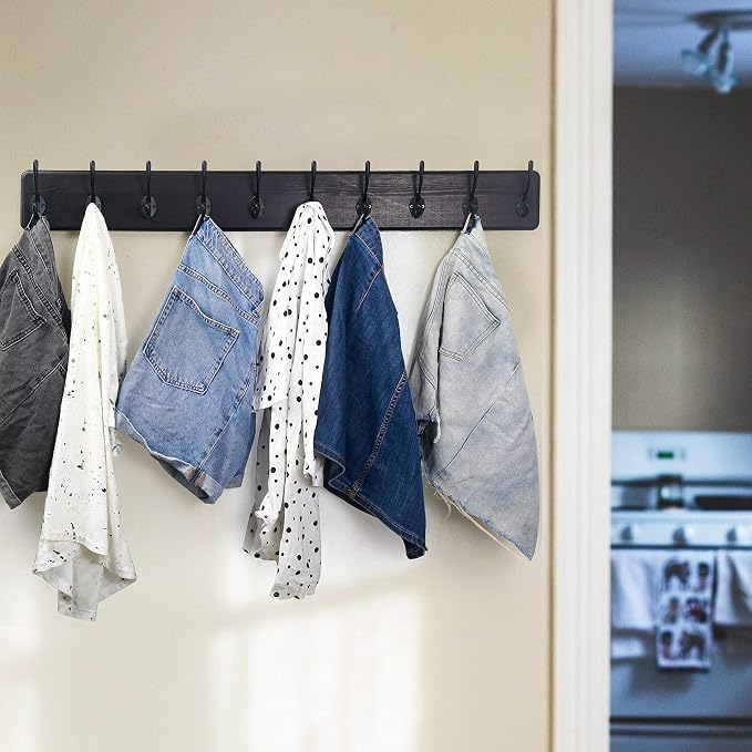 WEBI Coat Rack Wall Mount,10 Hooks,38 9/16" Long Coat Hooks Wall Mounted,16" Hole to Hole,Large Wood Coat Hanger Wall,Hook Rack for Hanging Coats,Jacket,Clothes,Hats,Black,2 Packs