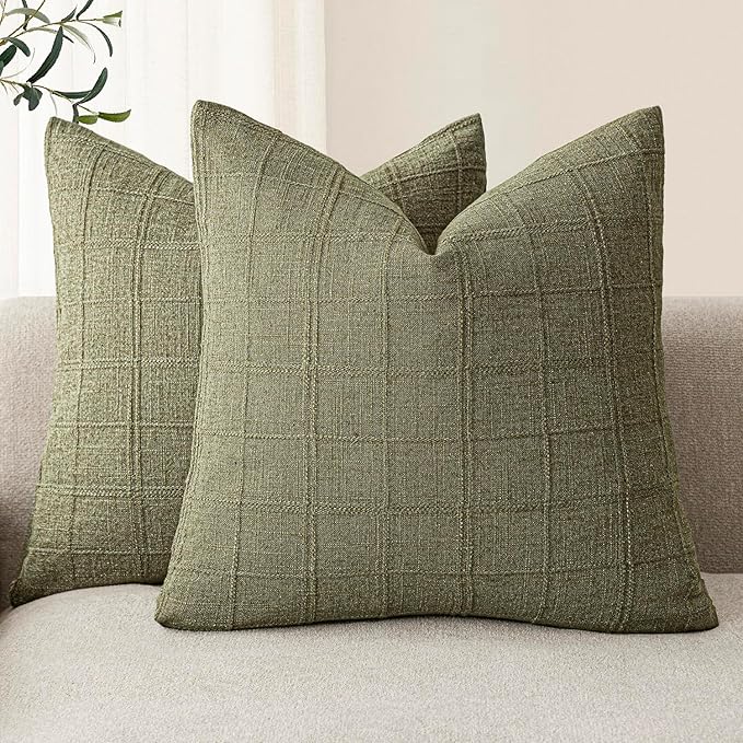 Foindtower Set of 2 Decorative Linen Check Throw Pillow Covers Neutral Farmhouse Vintage Cushion Covers Modern Boho Home Decor for Sofa Chair Couch Bedroom Living Room,20×20 Inch,Sage Green