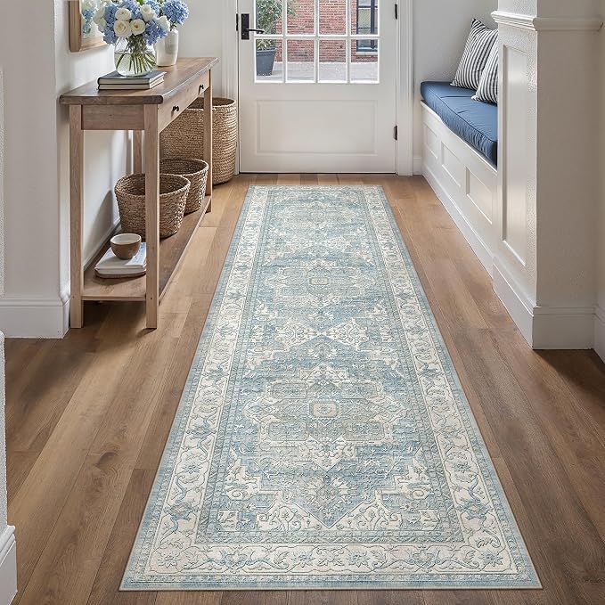 2x8 Washable Vintage Runner Rug Blue Oriental Hallway Kitchen Throw Rug Neutral Non Slip Soft Low Pile Carpet for Bathroom Laundry Bedroom Living Room