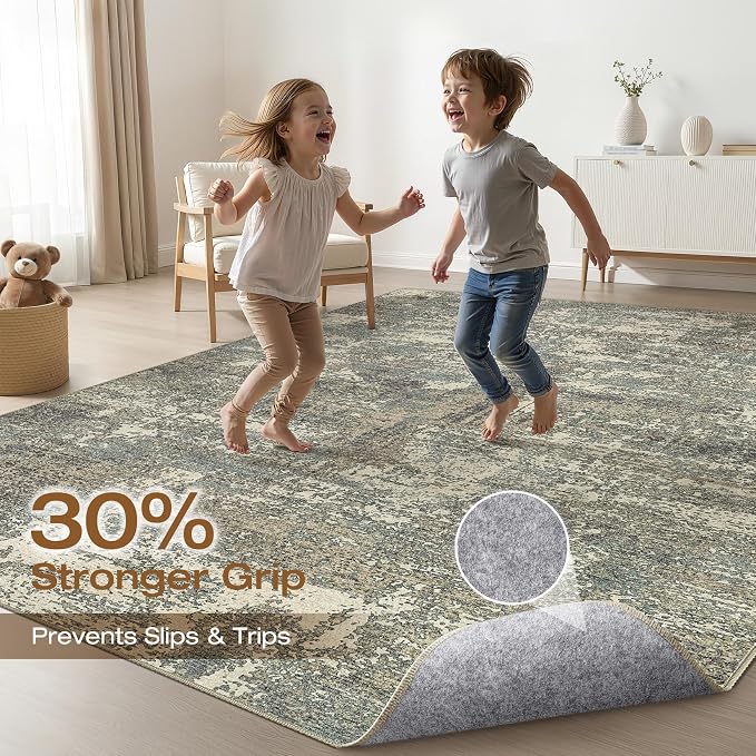 5x7 Area Rugs Living Room: Washable Large Neutral Rug Abstract Soft Modern Stain Resistant Indoor Floor Non-Slip Carpet for Bedroom Nursery Kids Office Playroom Dining Room- Green Brown