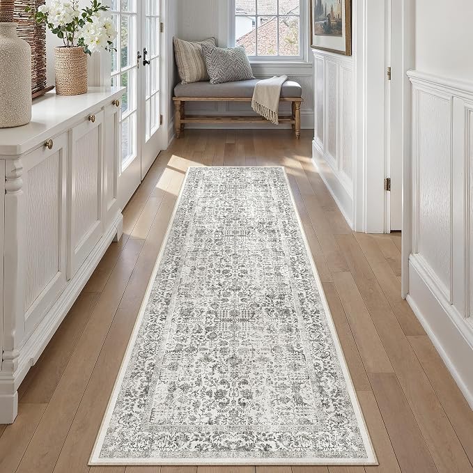 PureCozy Black Runner Rug 2x8 Hallway Machine Washable Kitchen Vintage Distressed Non Slip Long Carpet Indoor Retro Floral Bedroom Accent Throw Rug for Bathroom Office Laundry Dining Room