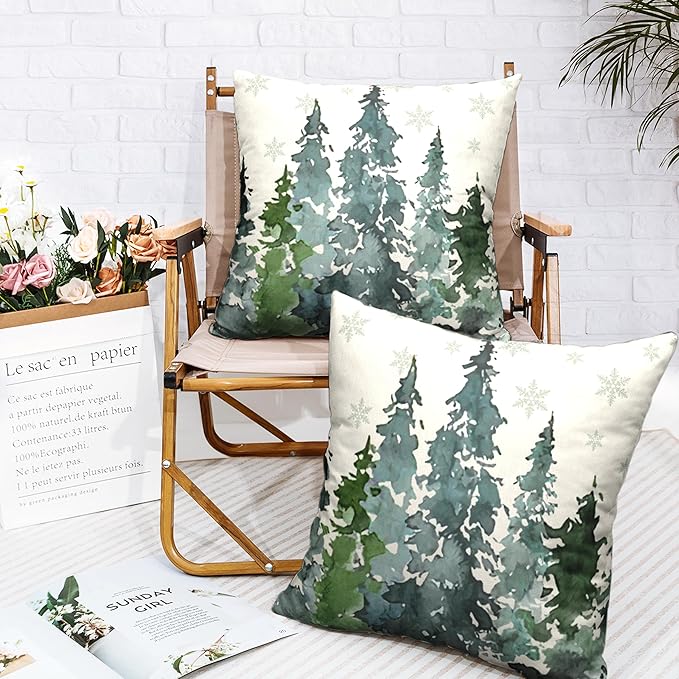 Winter Watercolor Pine Tree Pillow Covers 20x20 Rustic Nature Forest Throw Pillow Case Misty Forest Woodland Farmhouse Cushion Case for Couch Outdoor Living Room Set of 2