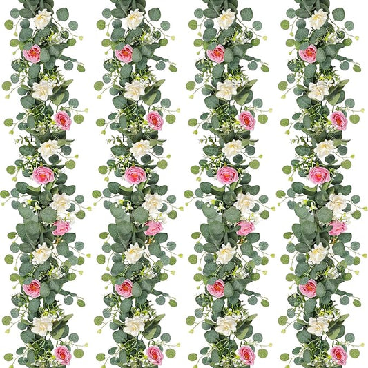 TOCHGREEN 4 Pack Artificial Eucalyptus Flower Garland with White Pink Roses, Fake Rose Flower Greenery Garland Floral Vines for Wedding Home Party Table Runner Decor (White Pink, 4PCS)