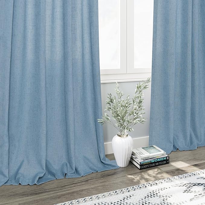 Nanspring Blue Linen Blend Semi Sheer Light Filtering Curtains 86 Inches Long 2 Panel Set Pocket Back Tab Privacy Home Decor Curtain Drapes for Bedroom Living Room 52x86