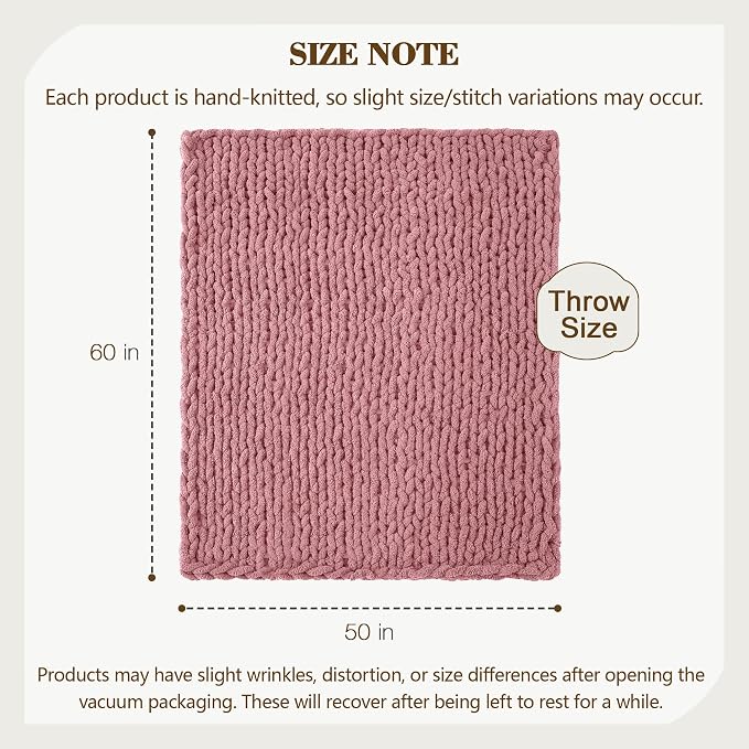 Carriediosa Chunky Knit Throw Blanket 50" X 60", 100% Hand Made Large Chenille Loop Yarn Soft Fluffy Throws for Couch Sofa Bed, Big Crochet Cozy Heavy Thick Cable Woven Blanket, Mauve