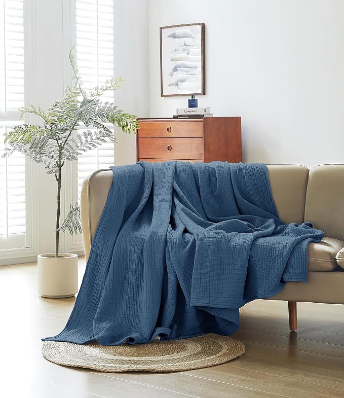 100% Cotton Muslin Twin XL Blanket (66" x 90") – A Luxuriously Soft, 4-Layer Lightweight and Breathable Gauze Blanket, Perfect for Year-Round use on beds, couches (Pacific Blue, Twin XL)