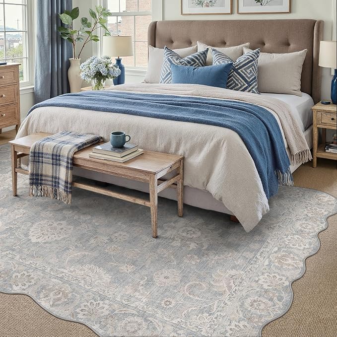 5x7 Blue Cream Washable Scalloped Area Rug for Living Room Bedroom Neutral Floral Soft Non Slip Rug Low Pile Distressed Carpet for Dining Room Nursery Office Indoor