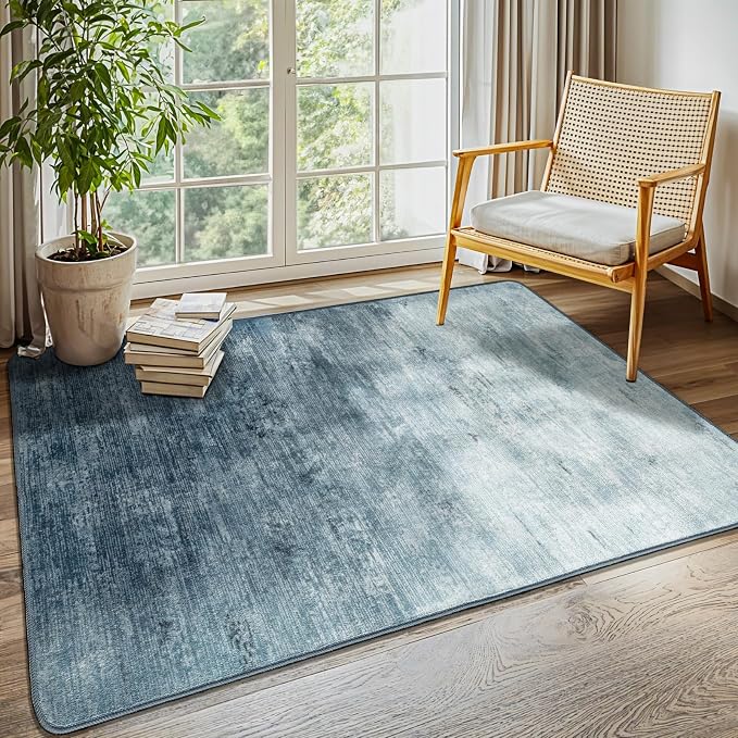 4x6 Washable Area Rug, Blue Solid Area Rugs for Living Room & Bedroom | Stain-resistant & Non-slip backing,Low Pile Washable Large Carpet, Solid Vintage Style For High Traffic Areas(4x6,Blue)