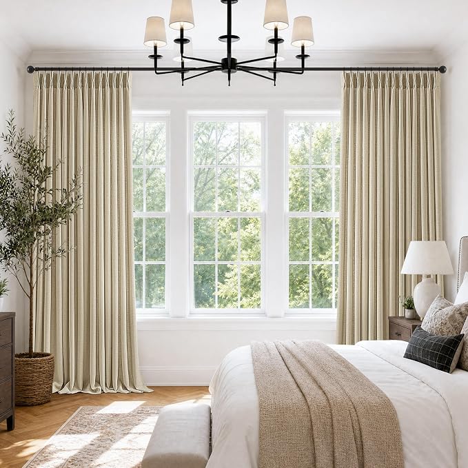 70 Inch Wide Pinch Pleated Curtains 90 Inch Long 1 Panel Oatmeal Neutral Semi Sheer Pinch Pleat Curtain for Sliding Door Living Room Back Tab Burlap Warm Beige Extra Wide Drapes 70 Inches Width