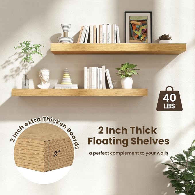 FLYJOE 48 Inch Floating Shelves | 12 Inch Deep Oak Floating Shelves Set of 2 | 48" W x 12" D Oak Wall Shelves for Bathroom Living Room Kitchen Laundry Room