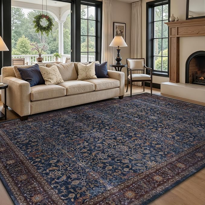 Old Money Aesthetic 6x9 Area Rugs, Low Pile Washable Rugs for Living Room Bedroom Non Slip, Vinatge Maximalist Print Carpet Rug for Dining Room Home Office, Dark Blue