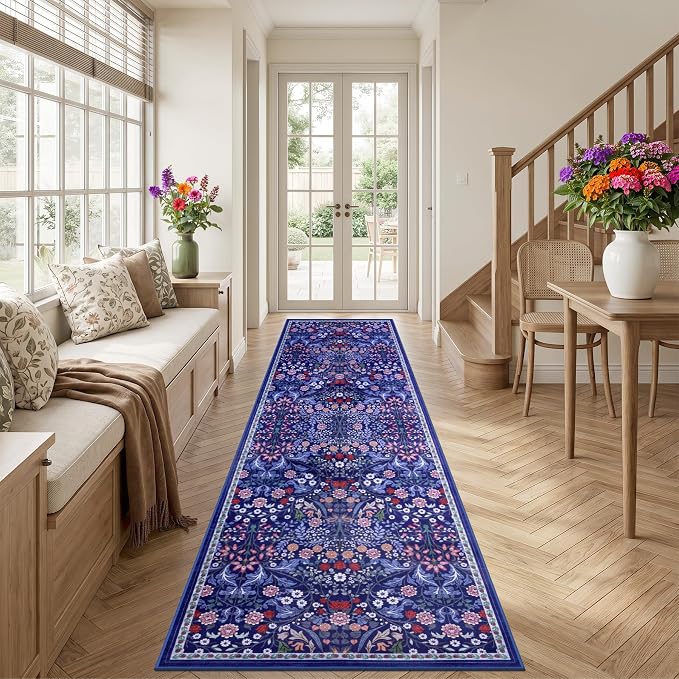 Runner Rug for Entryway: 2.6x14 Kitchen Rugs Non Slip Washable Ultra-Thin Soft Floral Carpet Indoor Floor Stain Resistant Carpets for Hallway Bedroom Kitchen Laundry Bathroom Dorm Blue