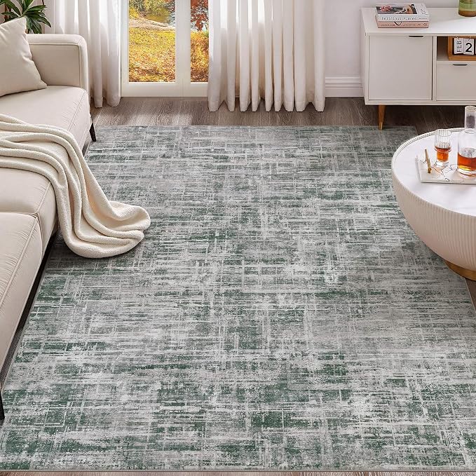 UERMEI 5x7 Washable Area Rug for Living Room: Modern Neutral Abstract Soft Low Pile Carpet Non-Slip Pet Kids Friendly Indoor Decor for Bedroom Dining Room Home Office Nursery Grey/Green