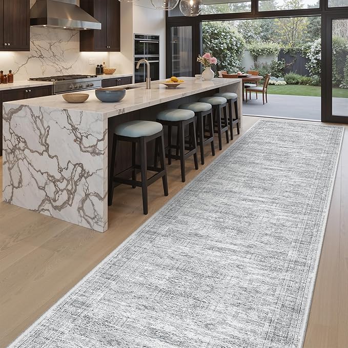 Soalmost Hallway Runner Rug 3x18 - Kitchen Rugs 18ft Washable Entryway Rug Vintage Kitchen Runners Non Slip Farmhouse Indoor Carpet Runner for Living Room Bedroom, Grey
