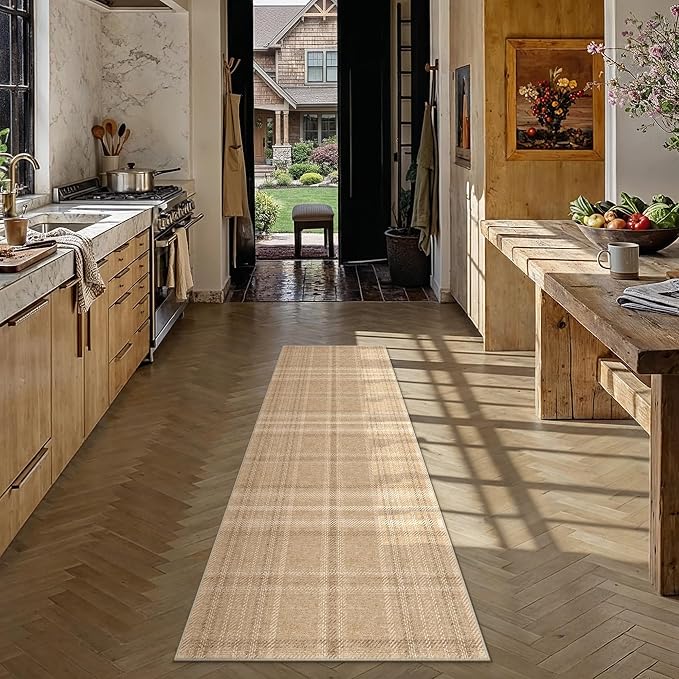 2x5 Brown Runner Rug for Kitchen Machine Washable Low Pile Checkered Carpet Modern Accent Soft Non Slip Rug for Bathroom Bedroom Nursery Indoor