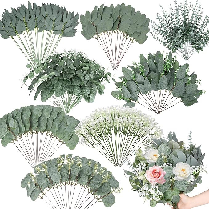 200 Pcs 8 Kinds Mixed Artificial Eucalyptus Stems Bulk Fake Silver Dollar Eucalyptus White Seeds Stems Bundle Faux Plants Greenery for DIY Bouquets Floral Arrangement Wedding Engagement Party Decor