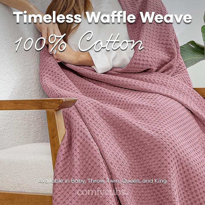 Comfy Cubs Waffle Blanket Queen, 90" x 90" - 100% Cotton Lightweight Breathable Bed Blanket - Soft Textured Thermal Weave for All Seasons – Decorative Cozy Layer for Couch, Sofa, or Bed - Mauve