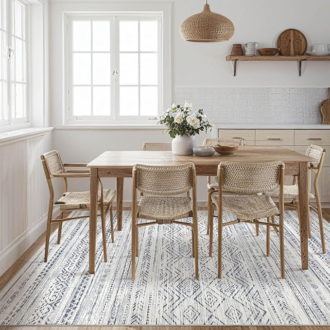 Tortania Area Rug Living Room Rugs- 12x15 Washable Large Soft Neutral Boho Moroccan Bohemian Farmhouse Rug Indoor Floor Carpet for Bedroom Under Dining Table Home Office Decor - Dark Blue