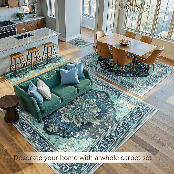 RELEANY Area Rugs 8'x10' Washable Non-Slip, Floral Vintage Distress Print Pattern Medallion Carpet for Living Room Bedroom Dining Room, Teal Green Lake Blue Turquoise