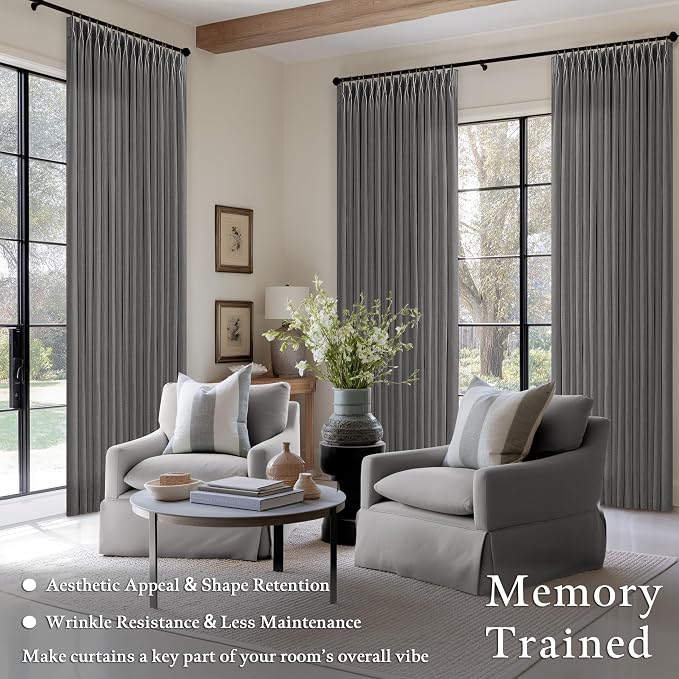 Grey Pleated Linen Curtains 96 Inches Long for Living Room 2 Panel Set Semi Sheer Light Filtering Pinch Pleat with Rings Hooks Drapes Neutral Charcoal Gray Curtain Boys Men Bedroom Window W50xL96