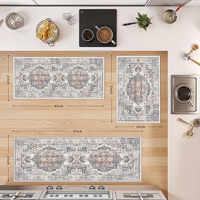 Washable Kitchen Rug Set of 3: Boho Non-slip Soft Stove Sink Mat Light Weight Stain Resistant Carpet for Dog Bowl Area Comfort Tile/Hardwood Floors Protection Mat for Entryway Foyer(2x3+2x4+2x5,Brick)