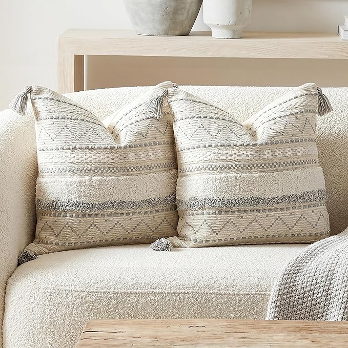 BlissBlush Gray Decorative Throw Pillow Covers 18X18 Combo Set of 2 Square Boho Neutral Grey Accent Pillowcase Tassels Farmhouse Cushion for Couch Sofa Bedroom Living Room Home Décor Cover ONLY