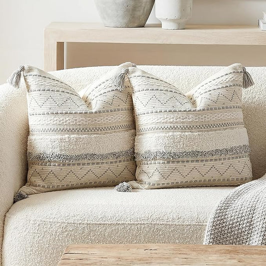 BlissBlush Gray Decorative Throw Pillow Covers 20x20 Combo Set of 2 Square Boho Neutral Grey Accent Pillowcase Tassels Farmhouse Cushion for Couch Sofa Bedroom Living Room Home Décor Cover ONLY