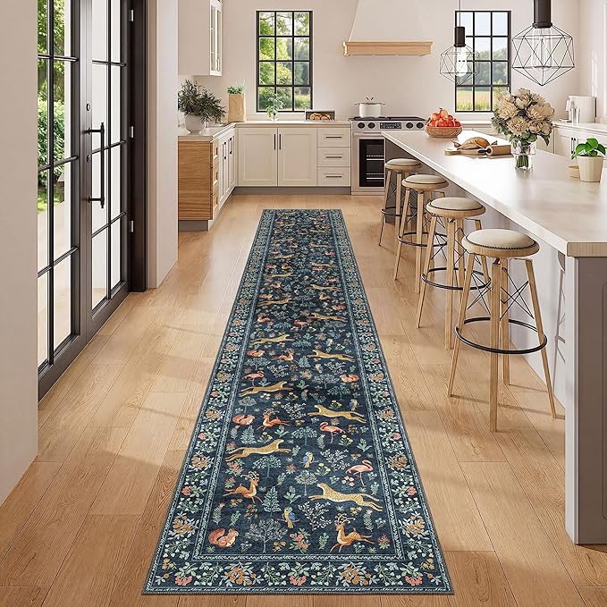 DUKINO 2x12 Washable Runner Rug, Ultra Soft Vintage Animal Runner Rug for Hallway, Lightweight Non Slip & Non Shedding Loog Carpet for Kitchen, Laundry Room, Bathroom, Bedroom, Entrance, Navy Blue