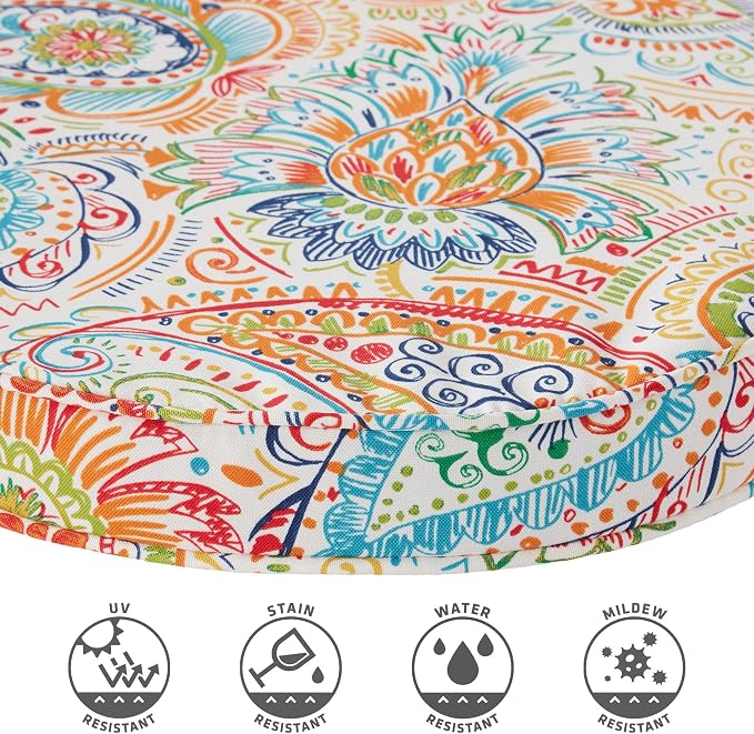Set of 2 Outdoor 18 inch Round Patio Dining Chair Pads – Comfortable Fiber-Filled Seat Cushions with Ties, Reversible Polyester Fabric, Jamboree Paisley