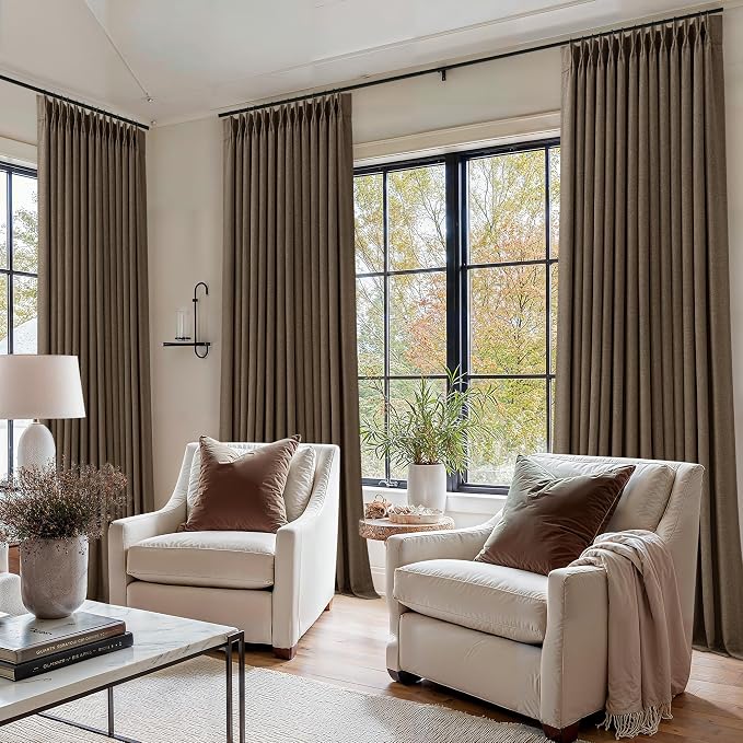 Dutch Cocoa Blackout Pinch Pleat Curtains 84 Inches Long 2 Panels for Living Room Bedroom 100% Black Out Linen Dual Layer Pleated with Hooks Rings Back Tab Room Darkening Drapes 84 Inch Length