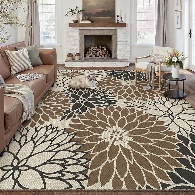 HUGEAR 8'x10' Waterproof Floral Outdoor Rug Patio Linen-Look Black Brown Floor Mat for Camping RV Outside Area Rug Deck Porch Balcony Backyard Picnic Beach Carpet Decor