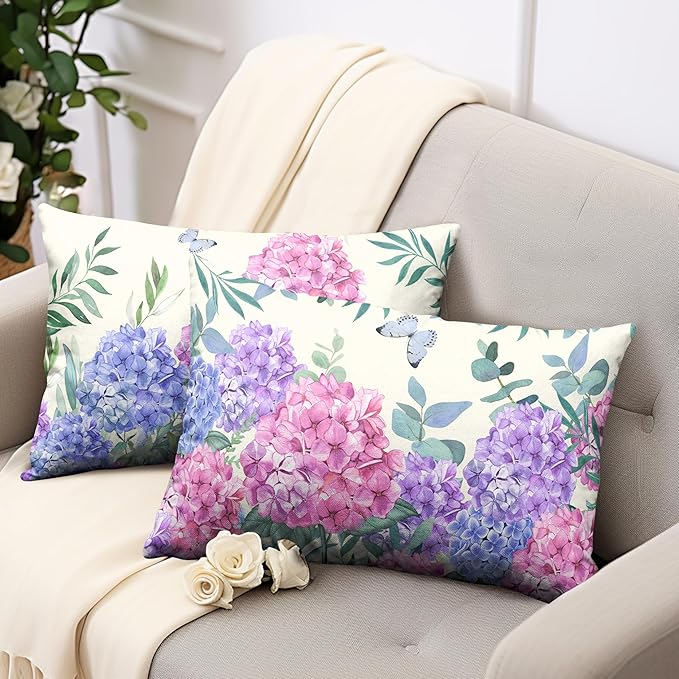 Pink Hydrangea Lumbar Pillow Covers Spring Flowers Outdoor Pillow Covers 12x20 Set of 2 Purple Pink Hydrangea Eucalyptus Pillow Case Cotton Linen Cushion Case for Sofa Garden Patio