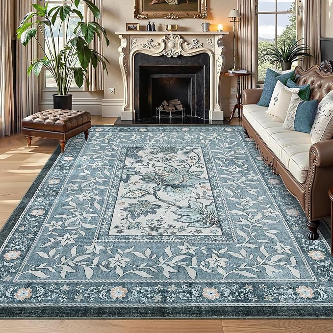 GarveeHome Provence Area Rugs 10x13 Living Room, Botanical Grove Misty Blue Cottagecore Washable Rug for Bedroom Dining Nursery Low-Pile Vintage Large Carpet