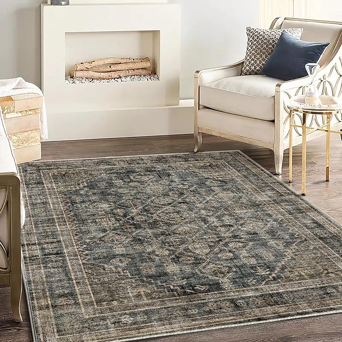 CHAMPLANT Washable Area Rug 4'x6' Vintage Traditional Floor Cover Foldable Thin Rugs Retro Kitchen Indoor Distressed Non Slip Carpet Floral Print Mat Bedroom Living Room