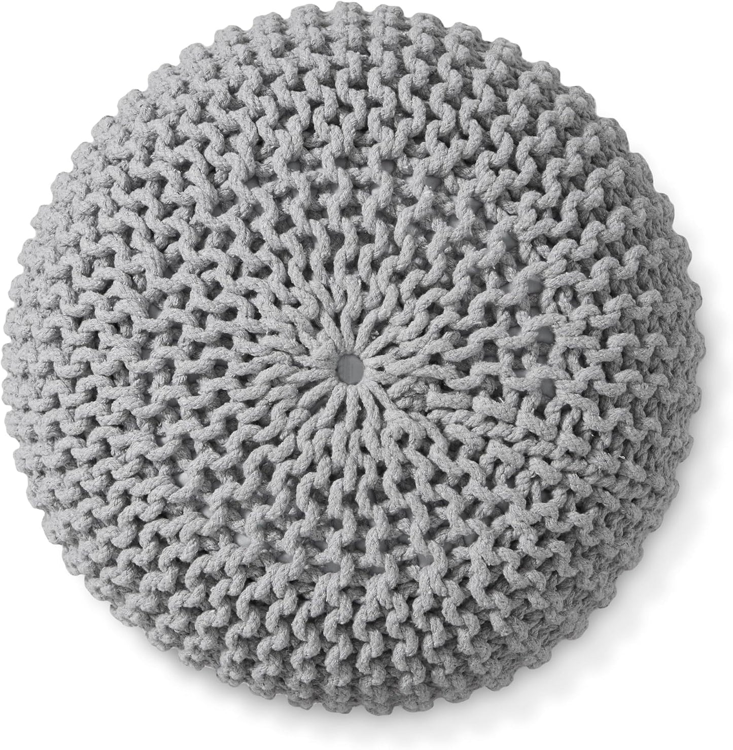 Casafield Round Pouf Ottoman, Light Gray - 20" Diameter x 14.5" High Cotton Knit Foot Stool - Boho Floor Pouffe for Living Room, Bedroom, Home Office
